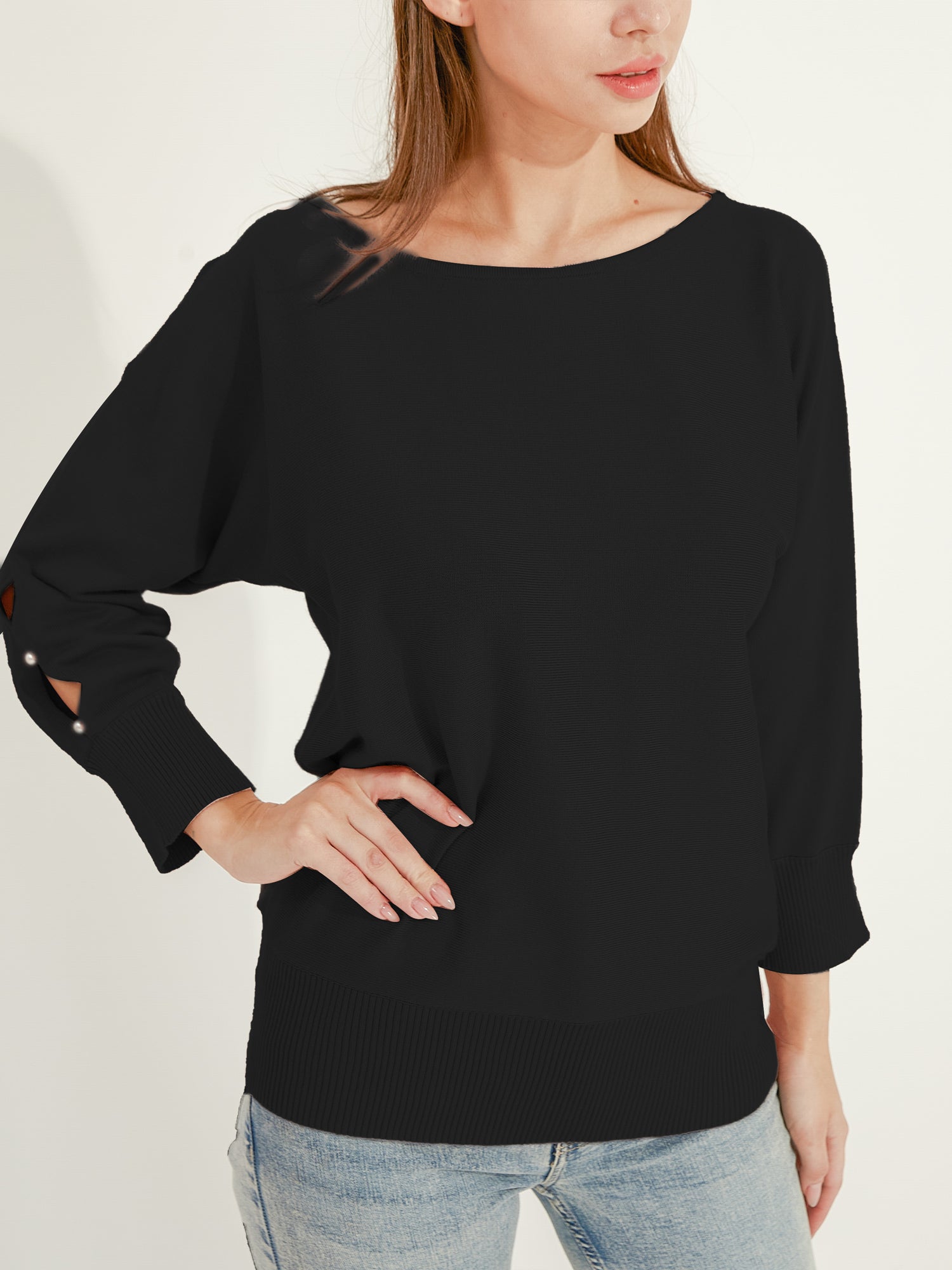 Waythefree Pearl Detail Cut Out Sleeve Sweater