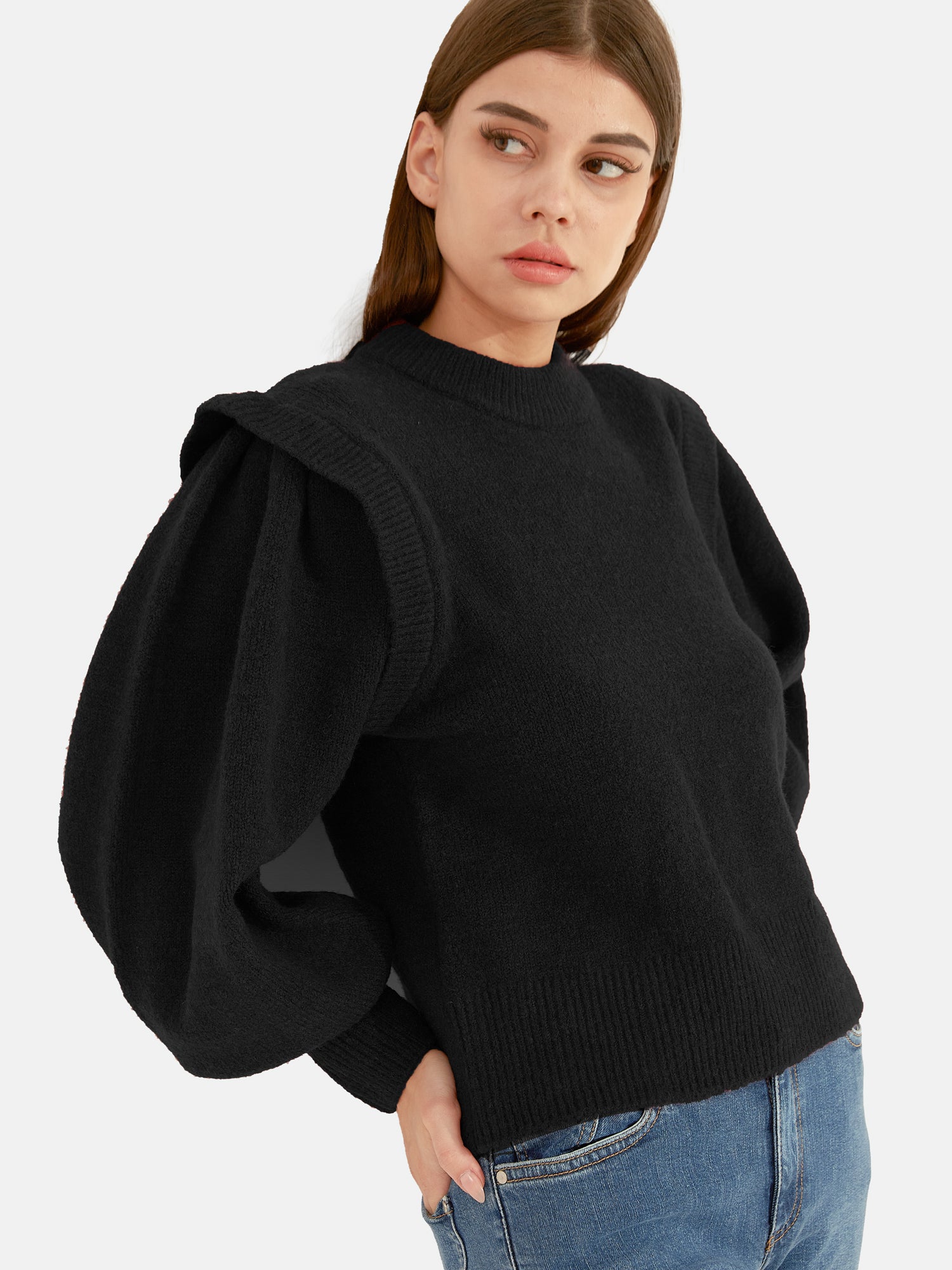 Waythefree Puffed Sleeve Cropped Sweater