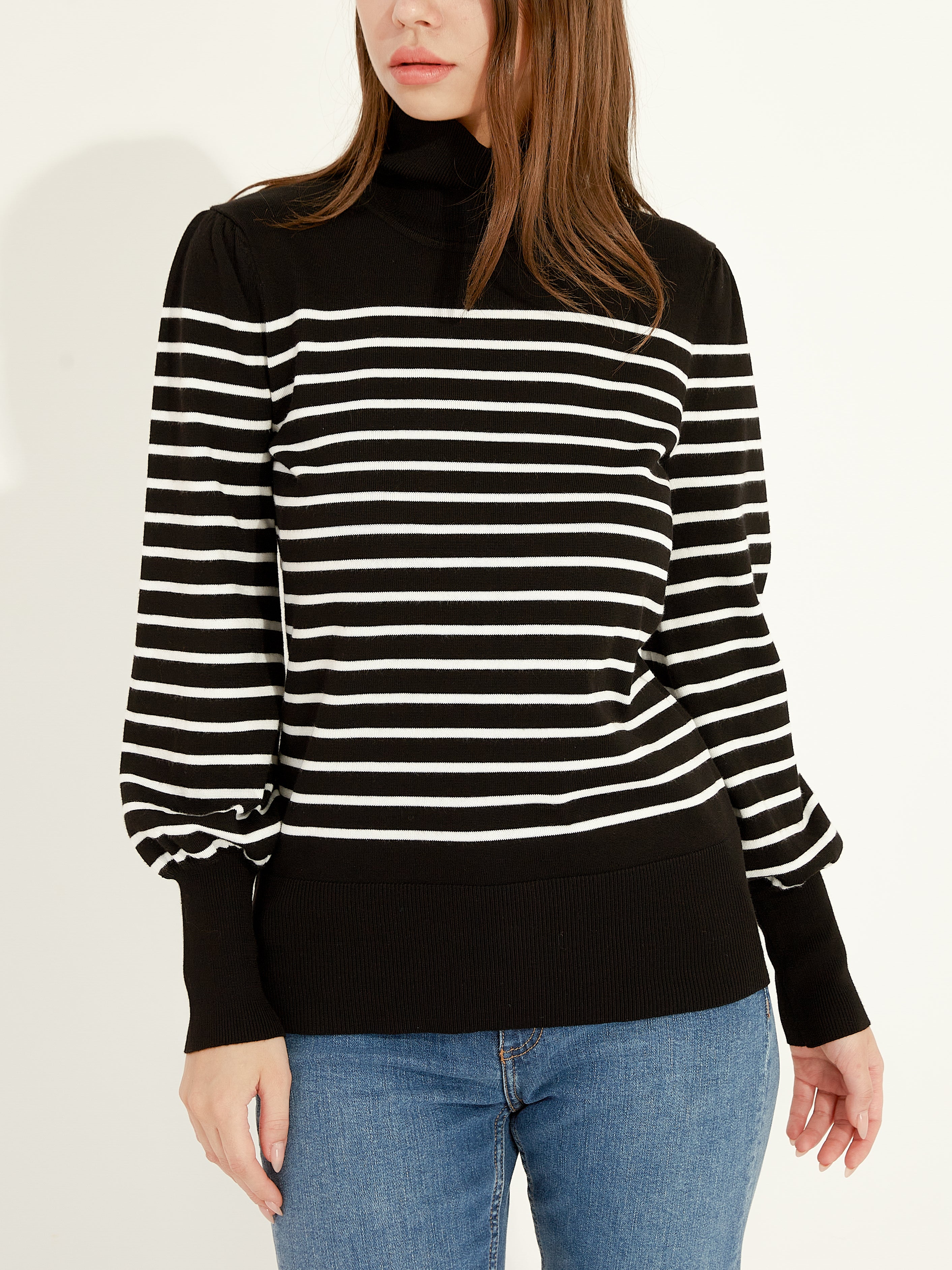 Waythefree Stripe Balloon Sleeve Turtleneck Sweater