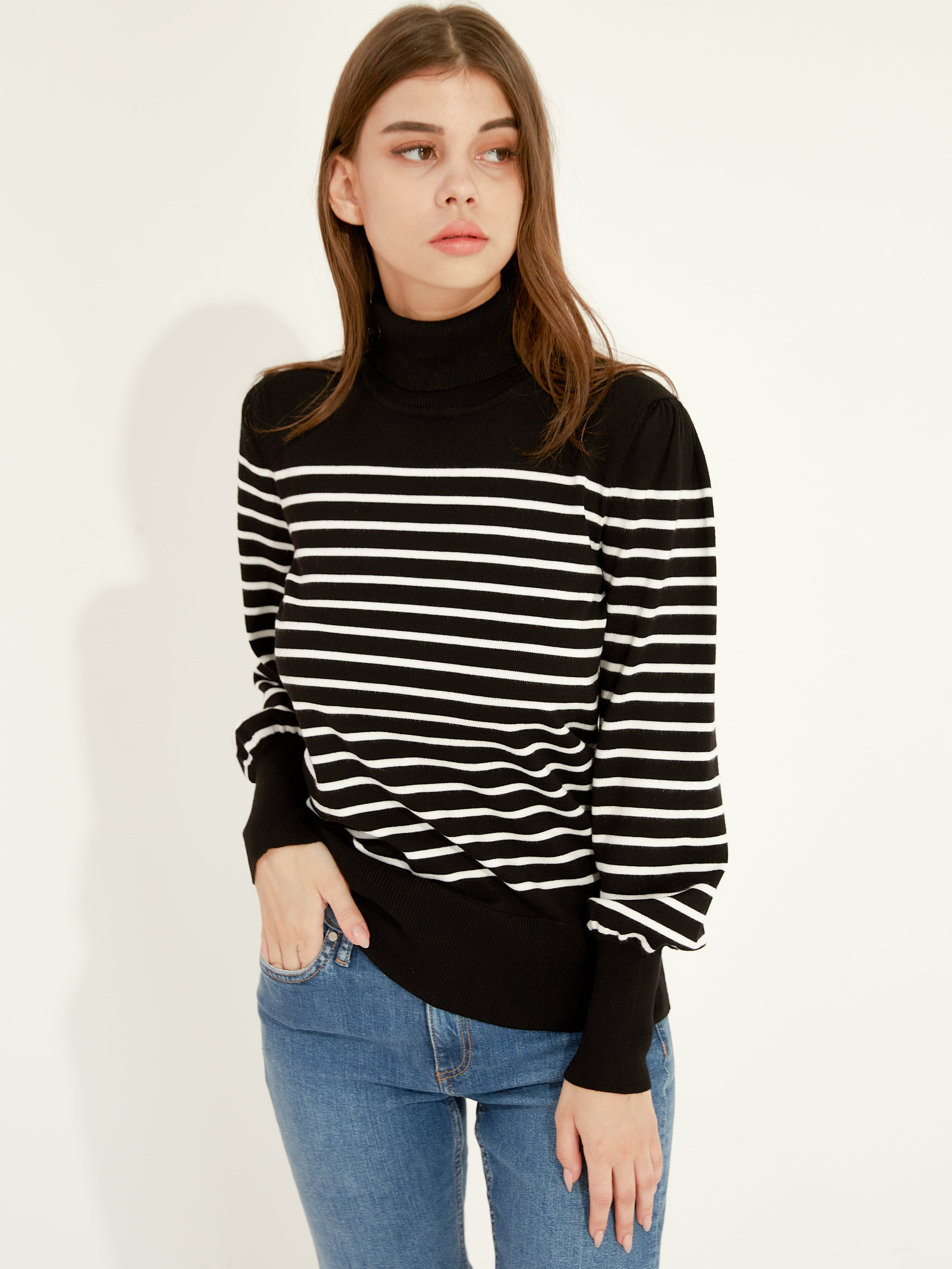 Waythefree Stripe Balloon Sleeve Turtleneck Sweater