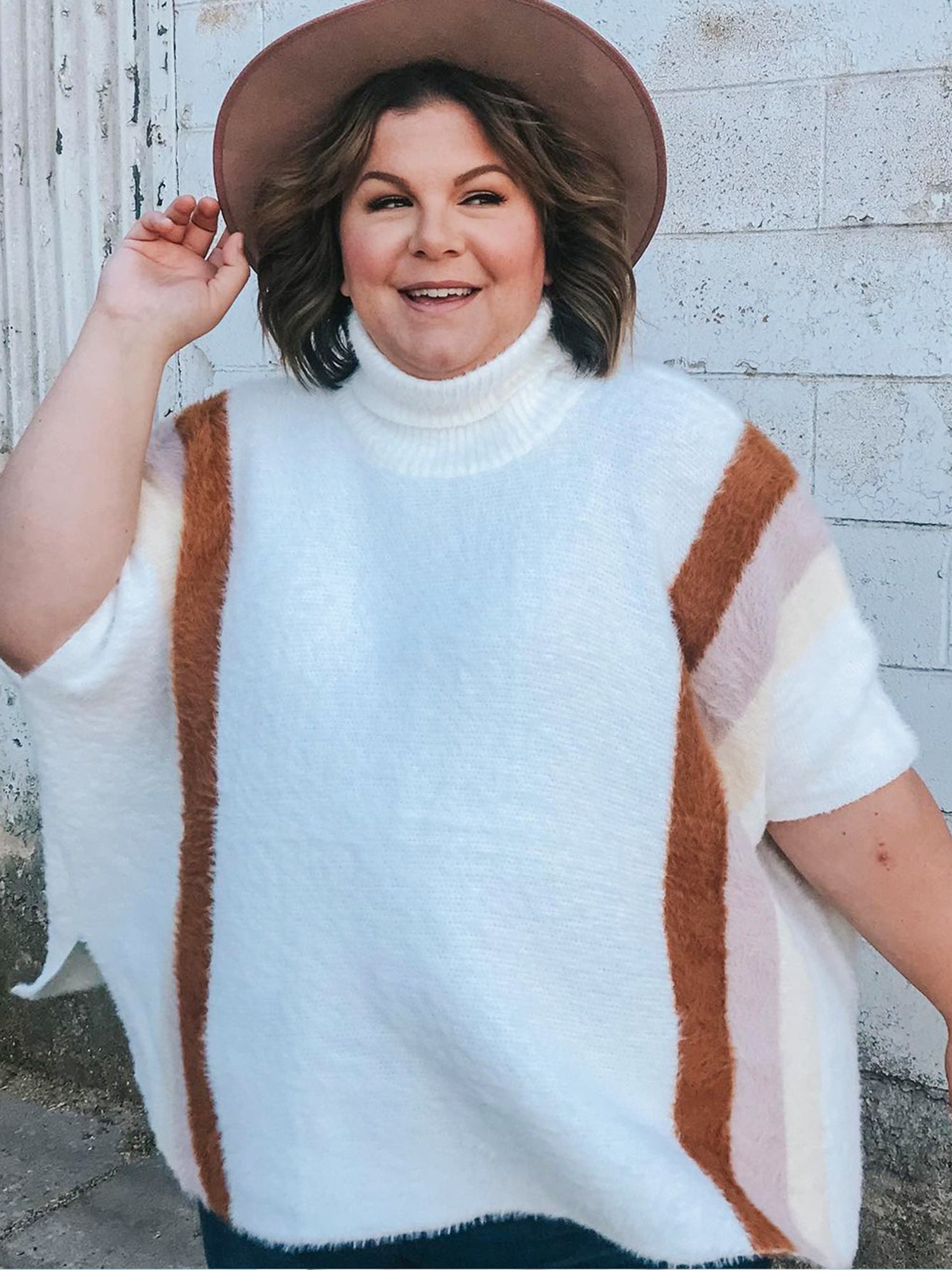 Vanilla Striped Fuzzy Poncho Wrap