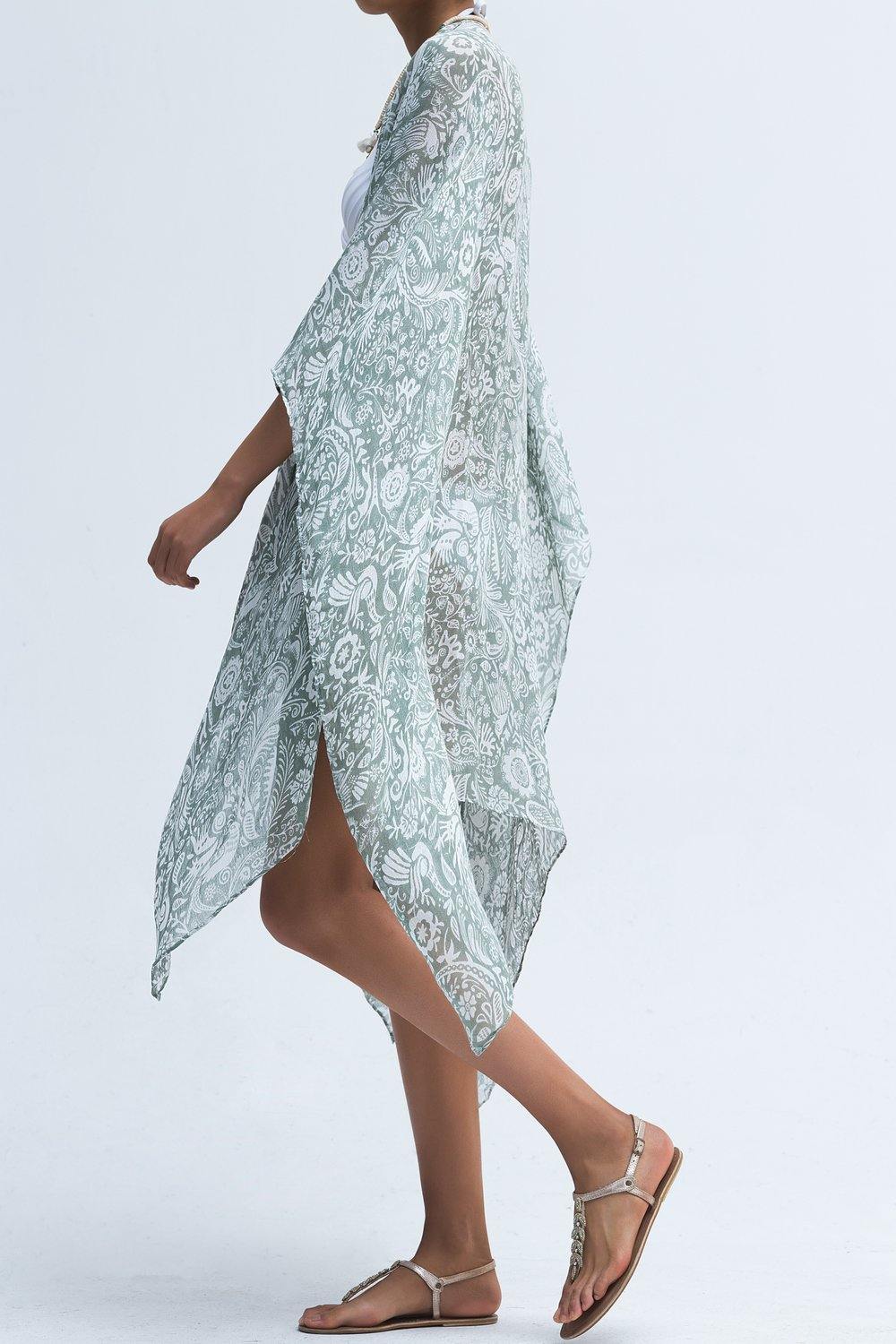 Moss Rose Birdy Sage Print Kimono