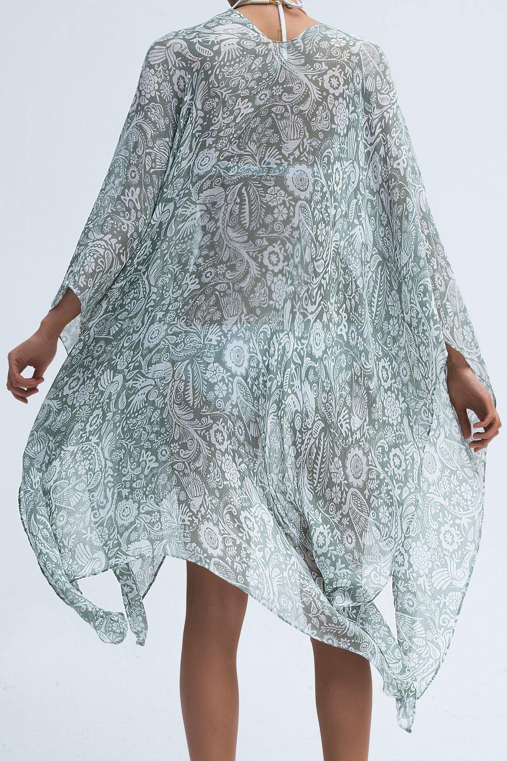 Moss Rose Birdy Sage Print Kimono