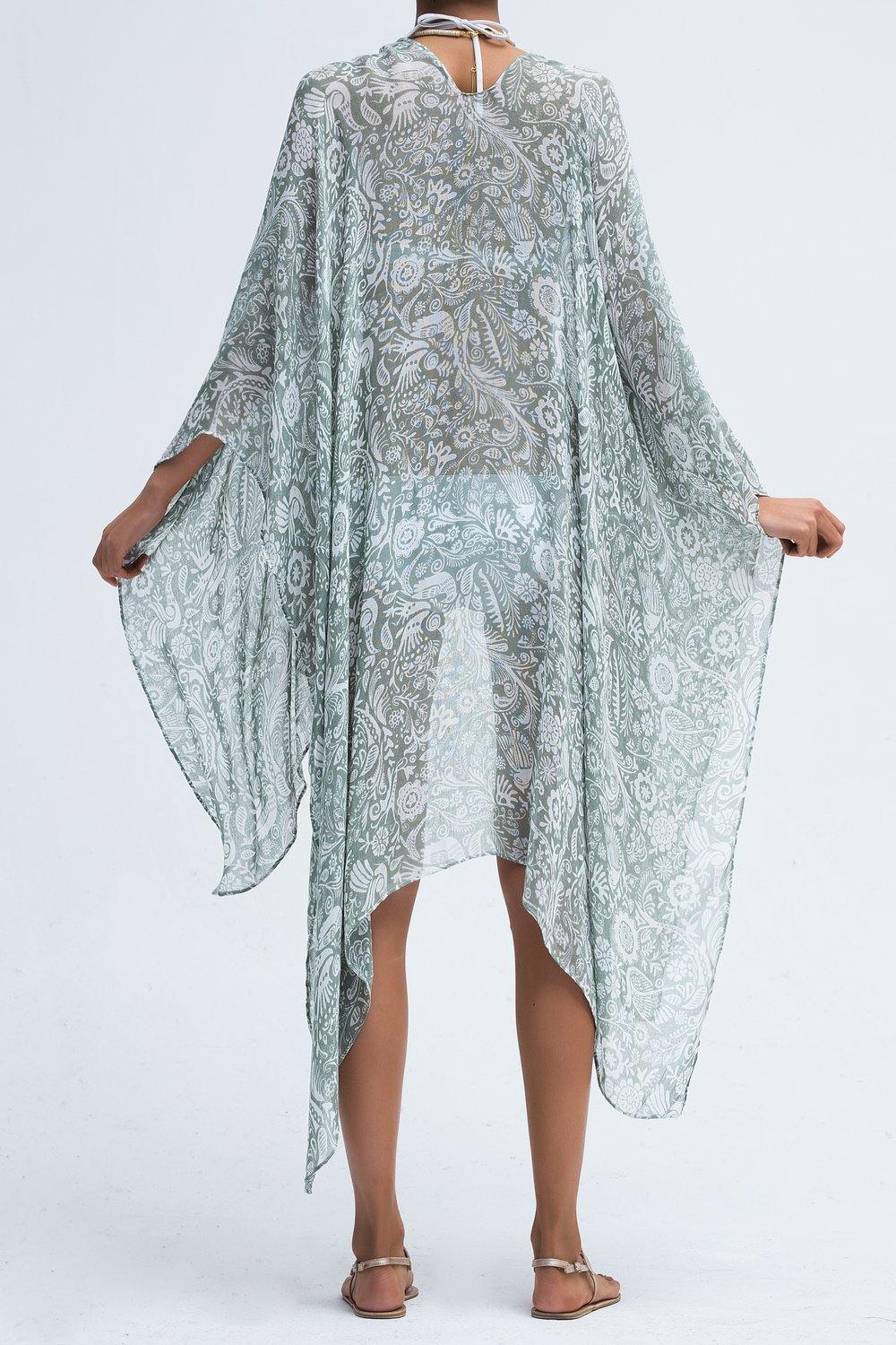 Moss Rose Birdy Sage Print Kimono