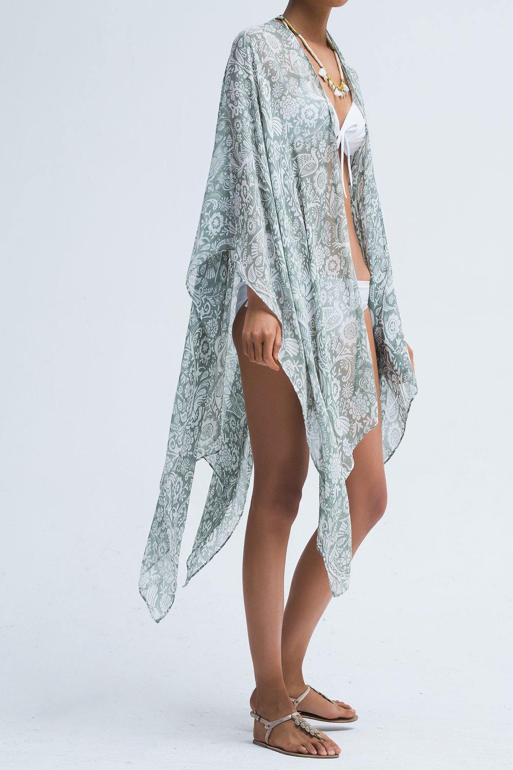 Moss Rose Birdy Sage Print Kimono