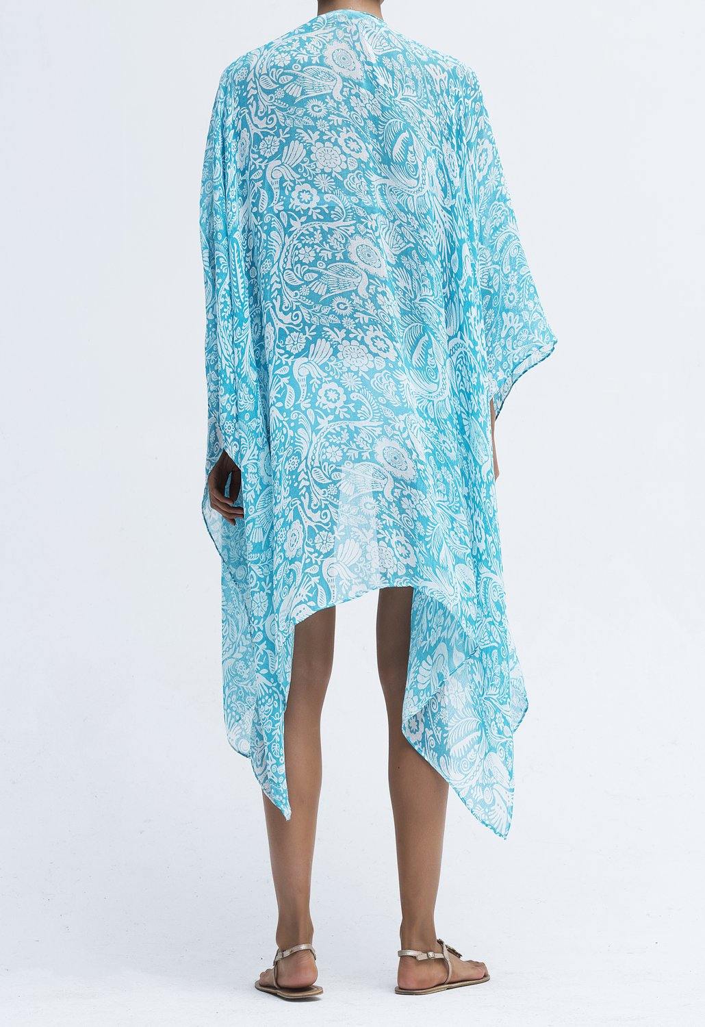Moss Rose Birdy Aqua Print Kimono