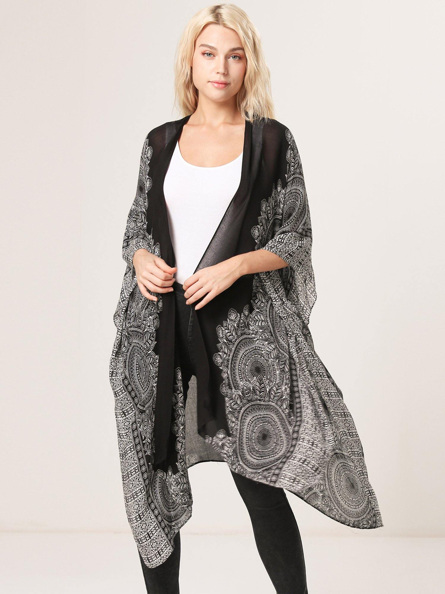 Black Ribbon Print Kimono - Shopmossrose