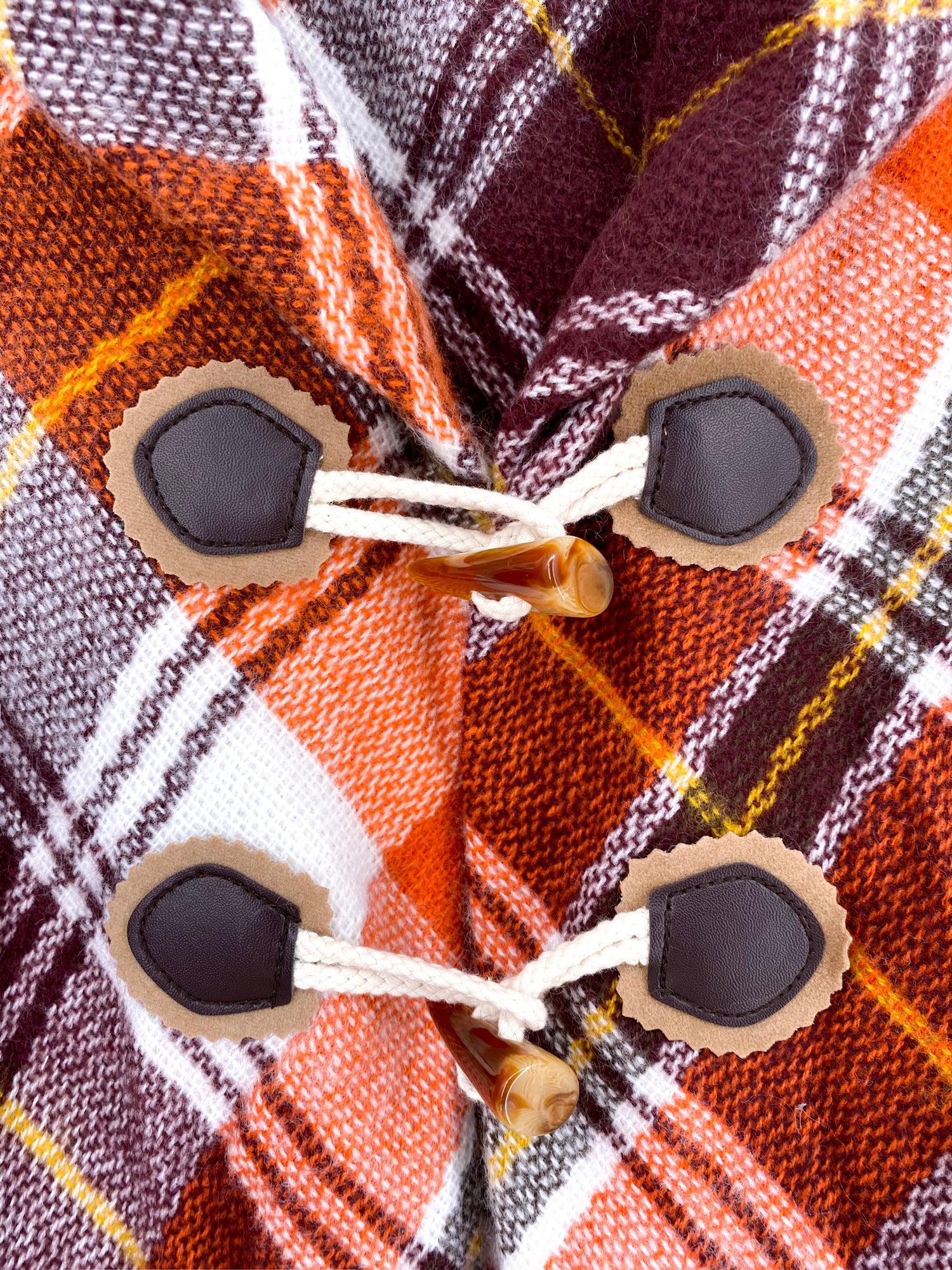 Bronze Plaid Tasseled Toggle Poncho Wrap