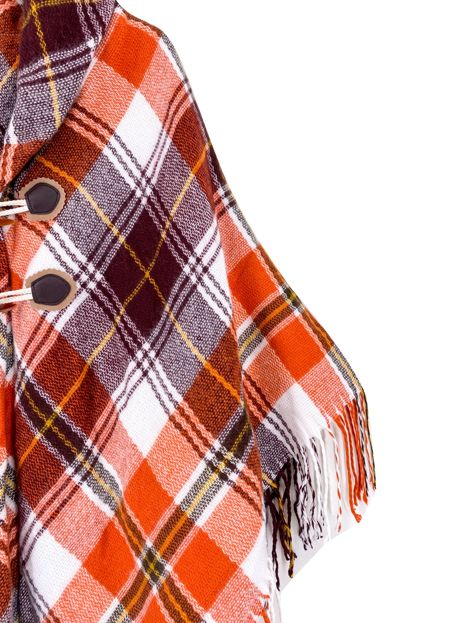 Bronze Plaid Tasseled Toggle Poncho Wrap