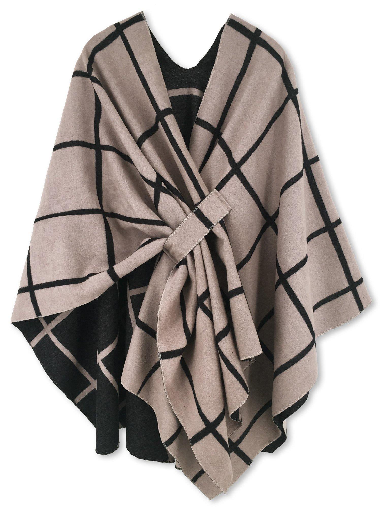 Moss Rose Black and Khaki Plaid Poncho