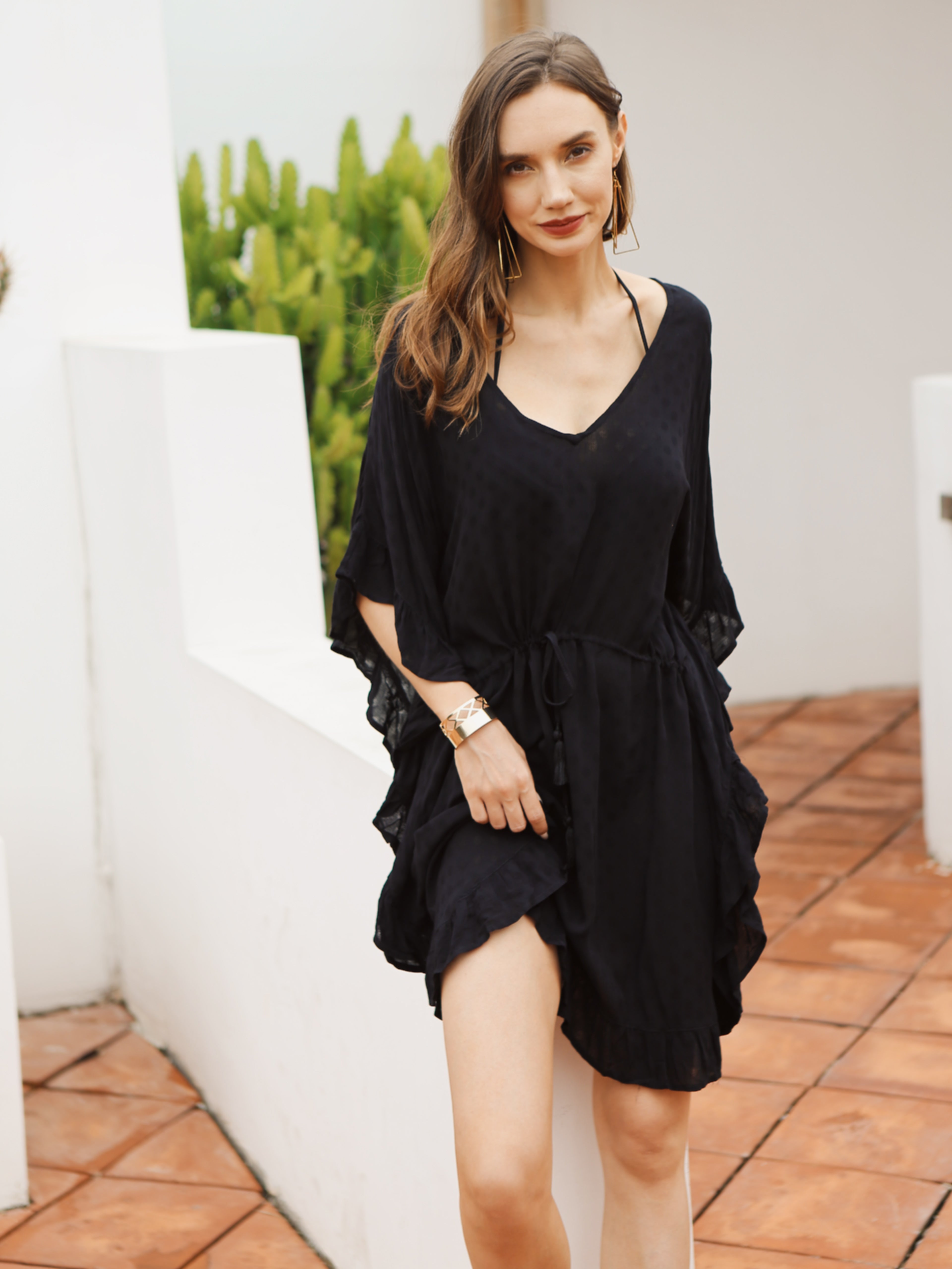 Jacquard Ruffle Kimono Beach Cover Up