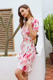 Moss Rose Pink Floral Wrap Mini Dress