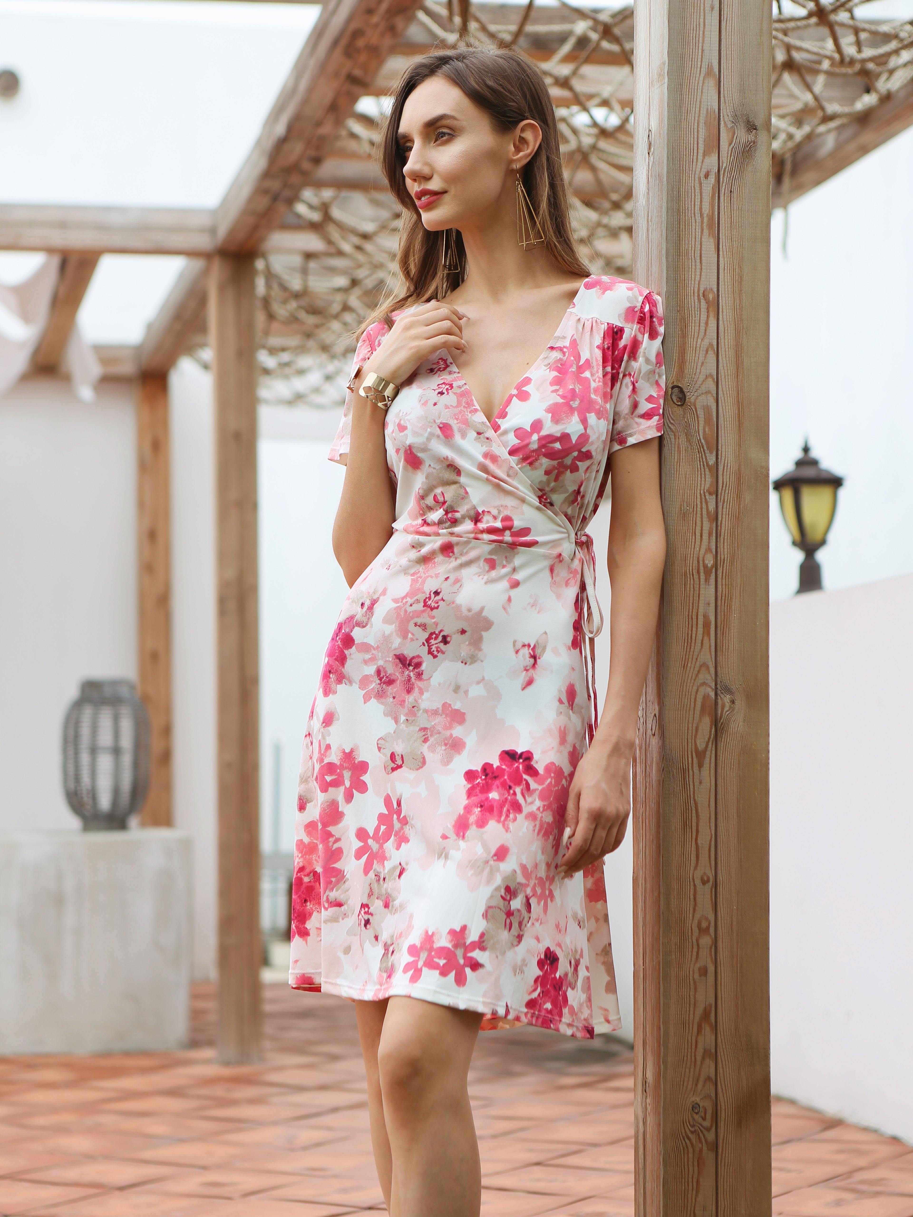Moss Rose Pink Floral Wrap Mini Dress