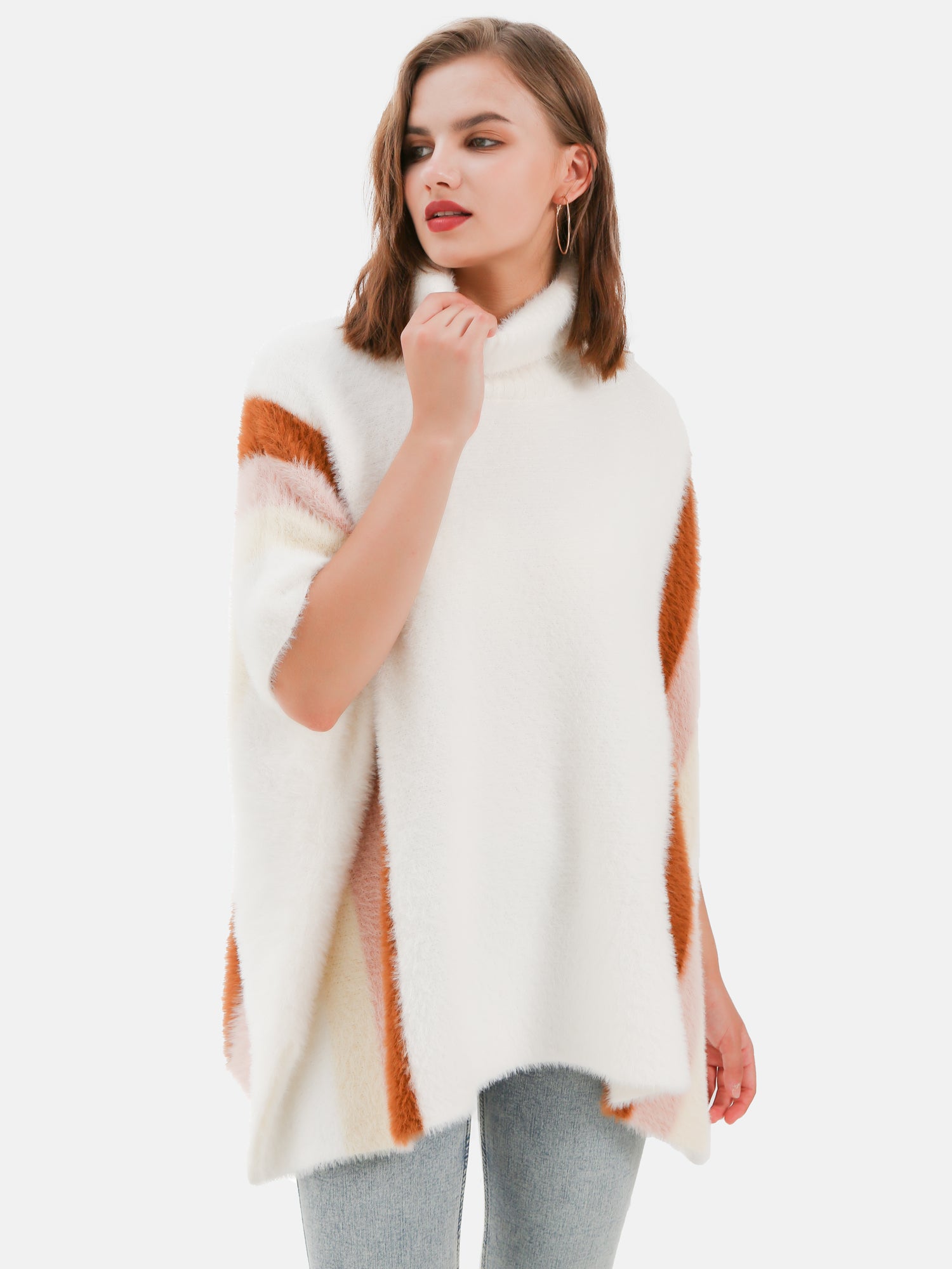 Vanilla Striped Fuzzy Poncho Wrap