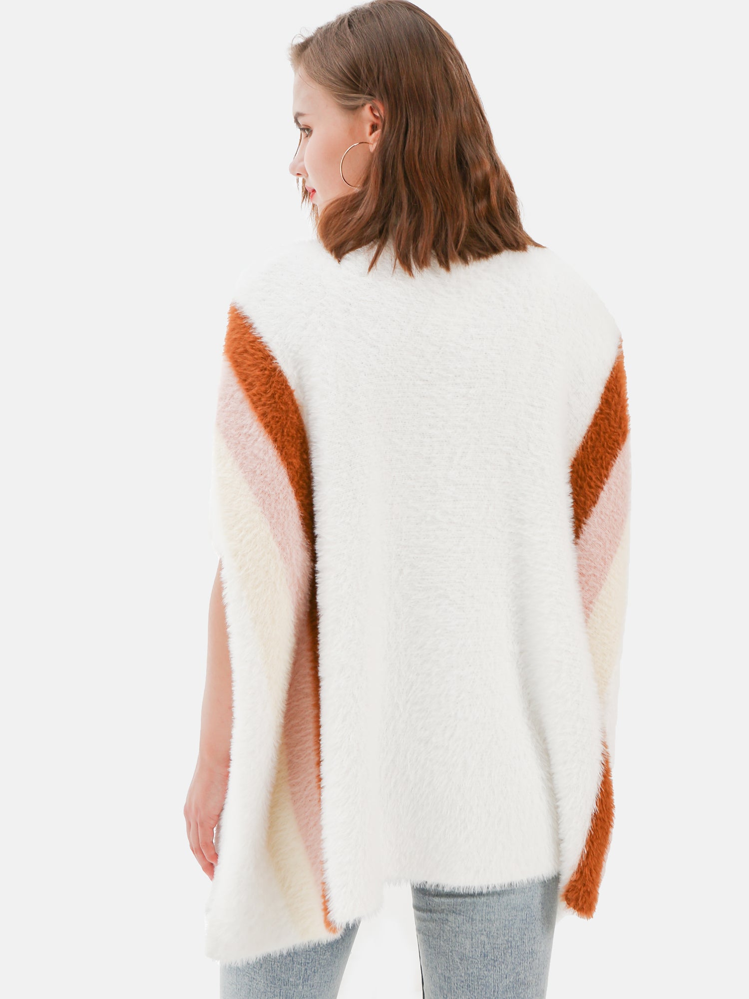 Vanilla Striped Fuzzy Poncho Wrap