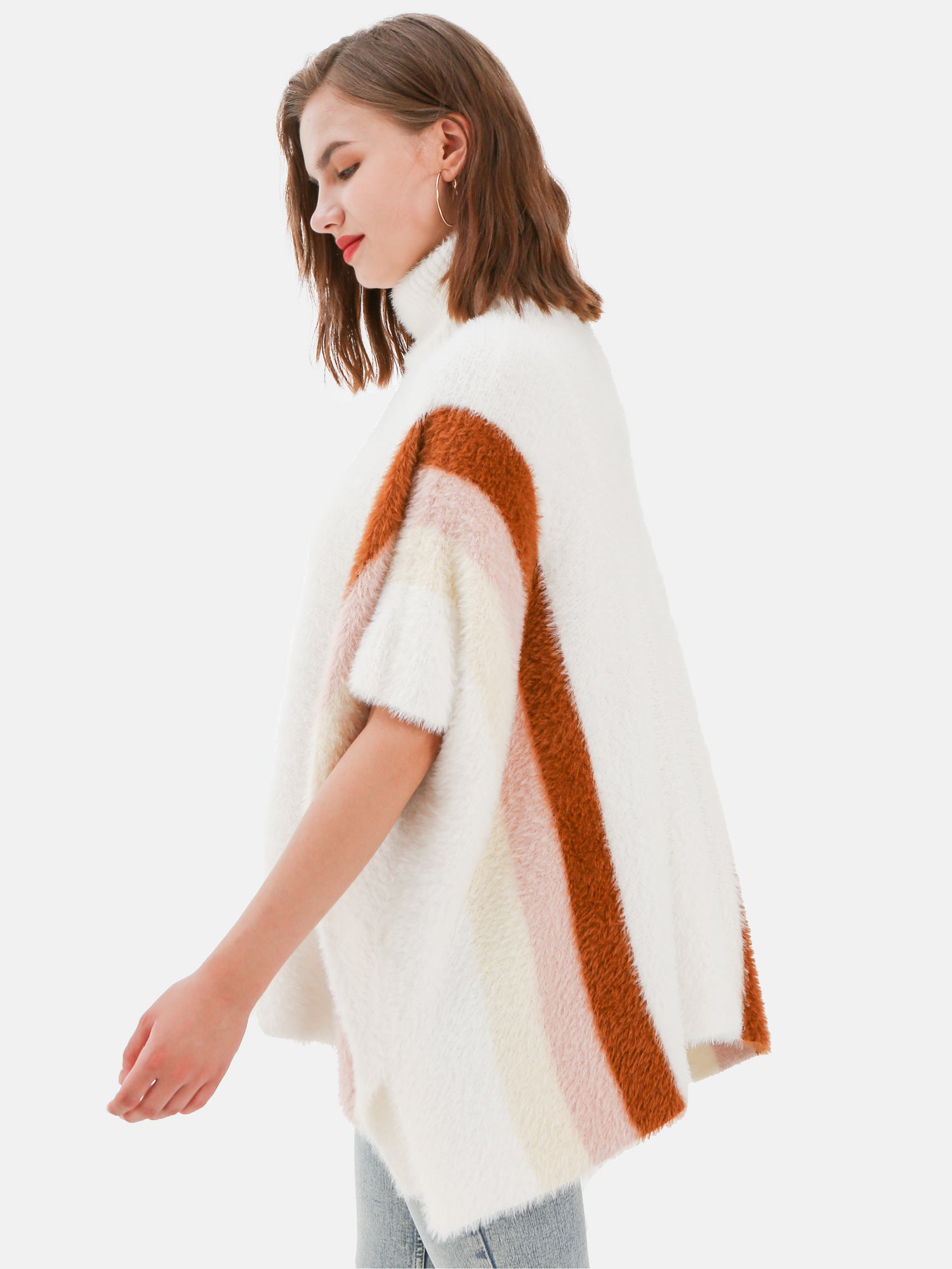 Vanilla Striped Fuzzy Poncho Wrap
