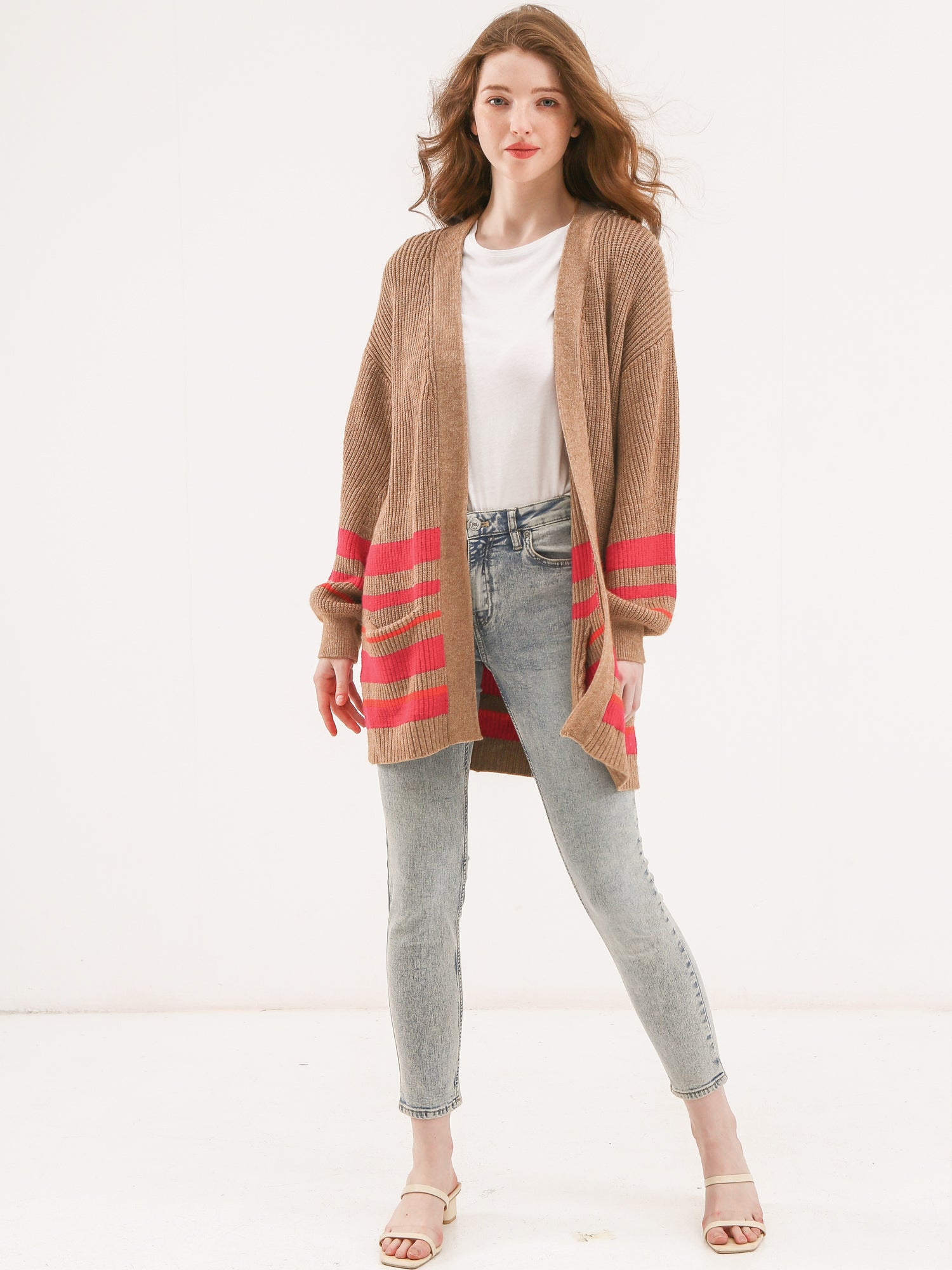 Waythefree Stripe Balloon Sleeve Pocket Cardigan Sweater