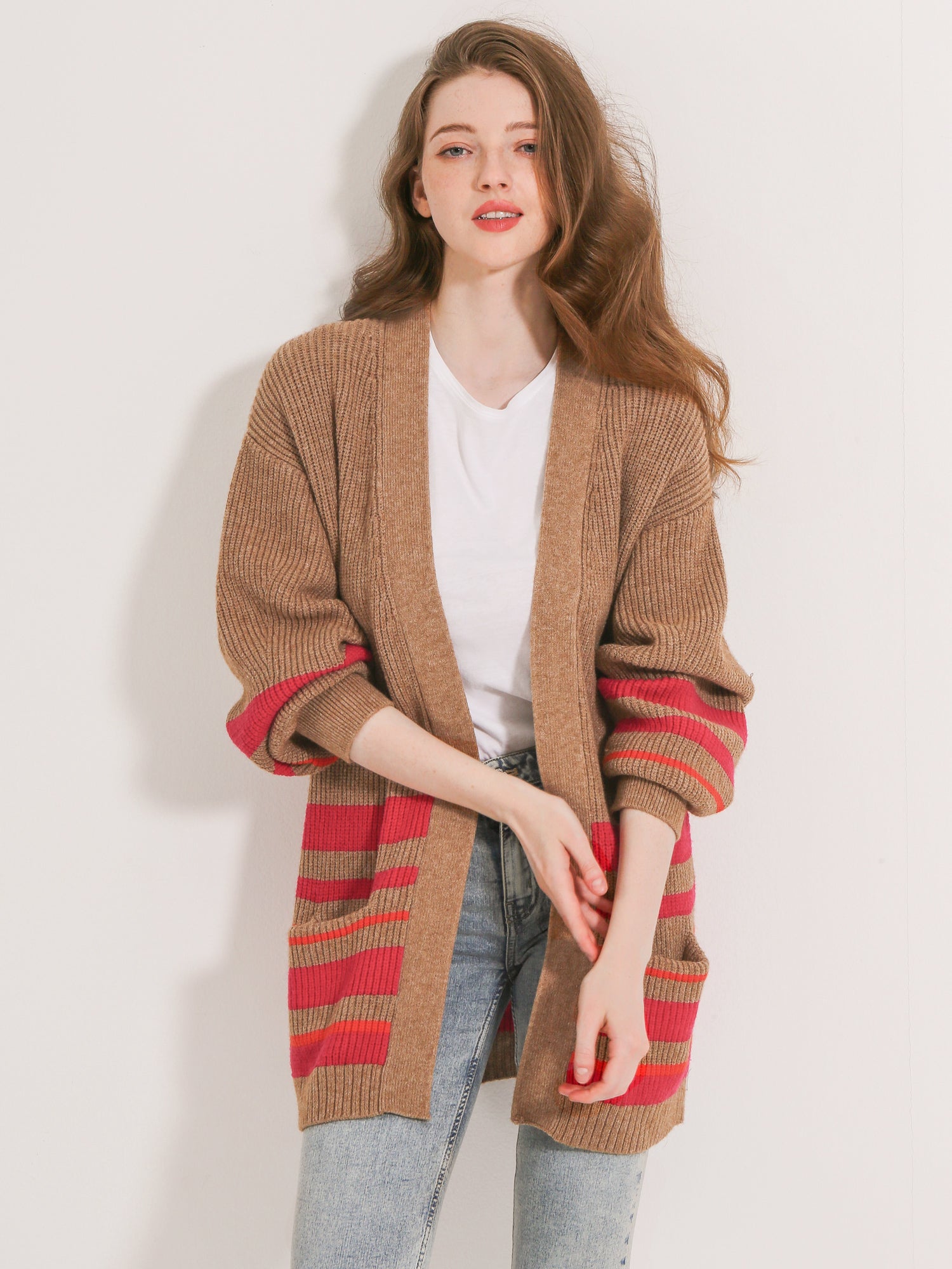 Waythefree Stripe Balloon Sleeve Pocket Cardigan Sweater