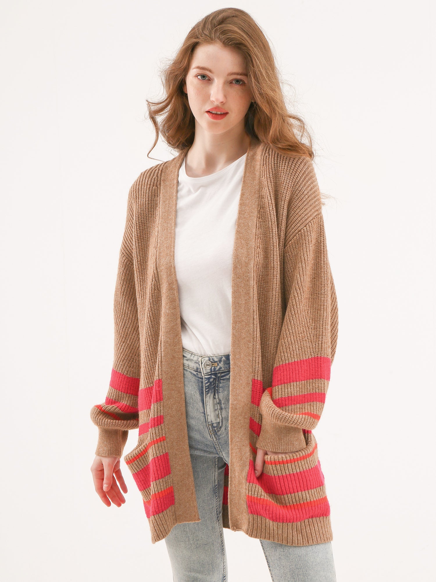 Waythefree Stripe Balloon Sleeve Pocket Cardigan Sweater