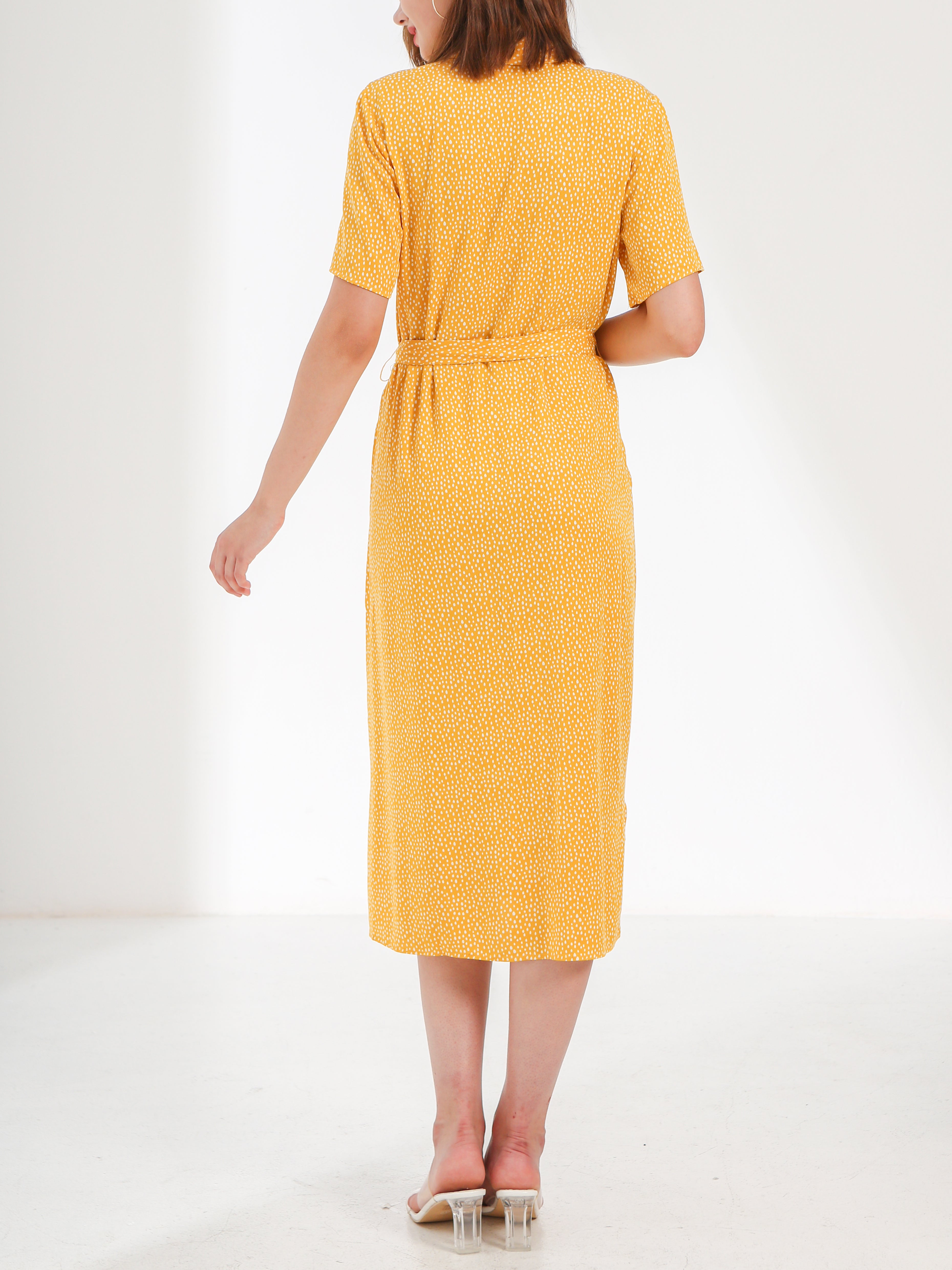 Waythefree Yellow Dot Print Midi Shirt Dress