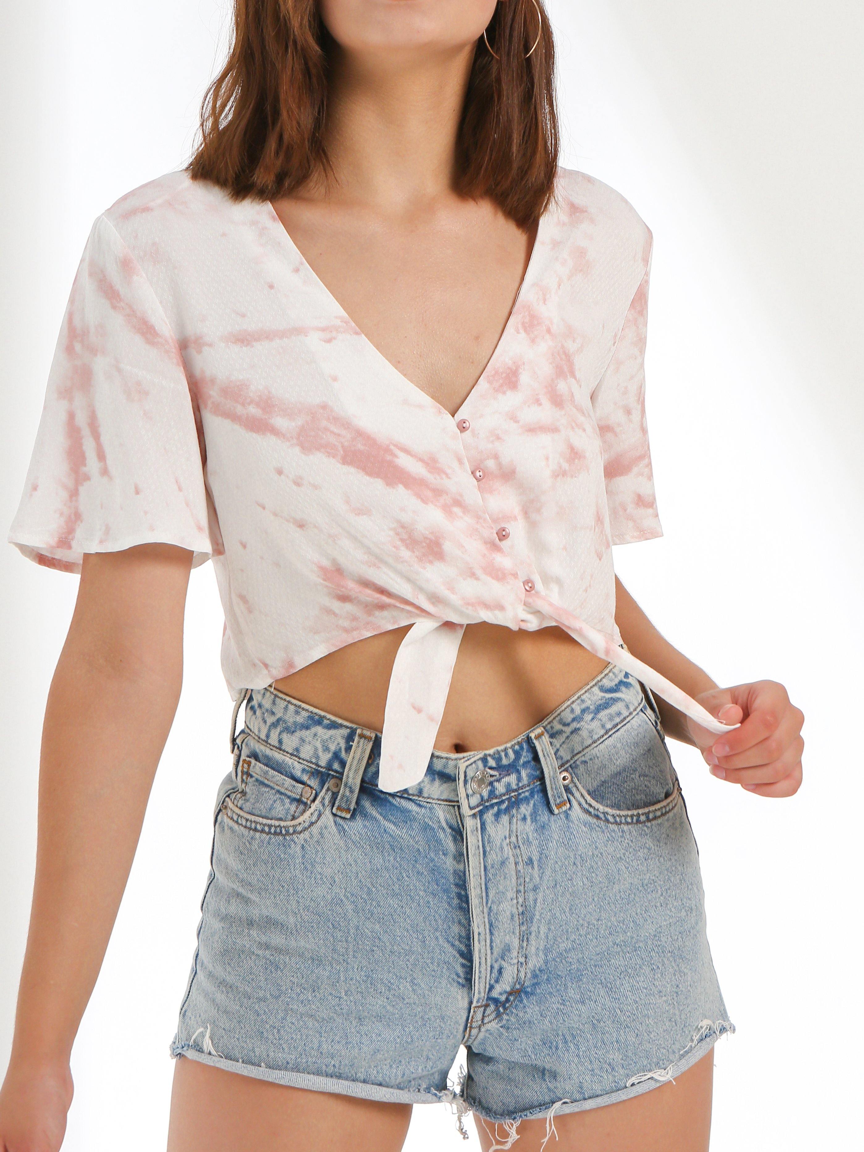 Tie-dye Tie Front Button Down Cropped Top - Shopmossrose