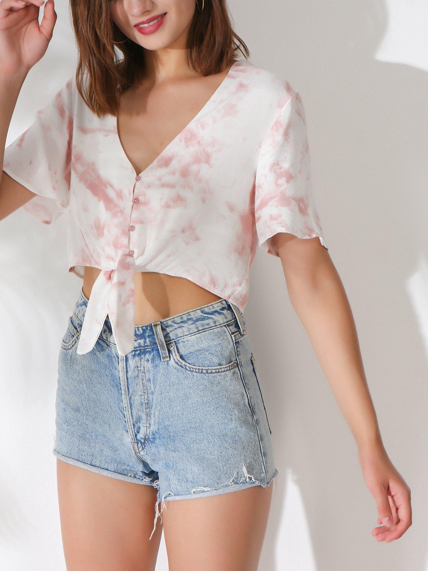 Tie-dye Tie Front Button Down Cropped Top - Shopmossrose