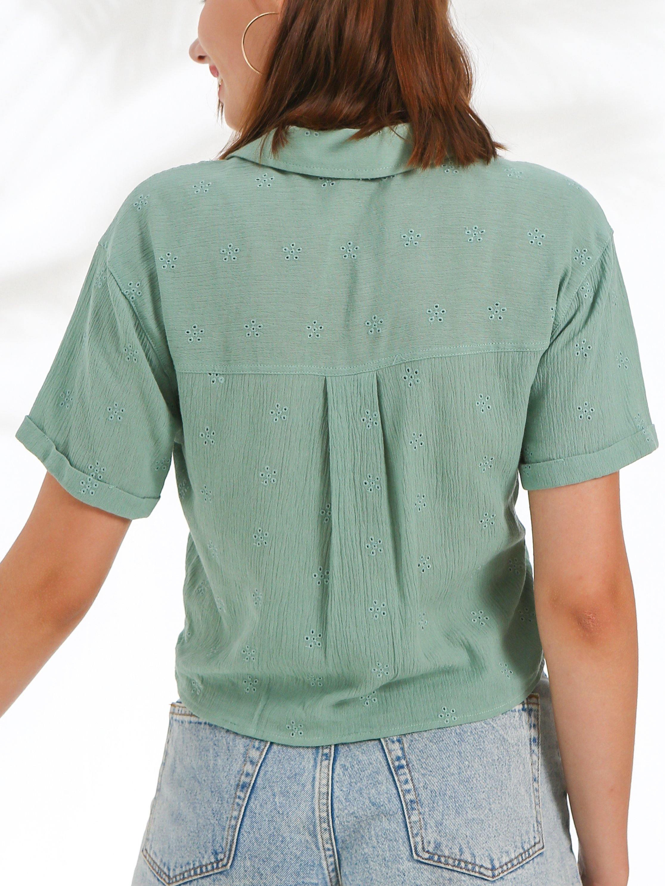 Tie Front Button Down Cropped Shirt - Shopmossrose