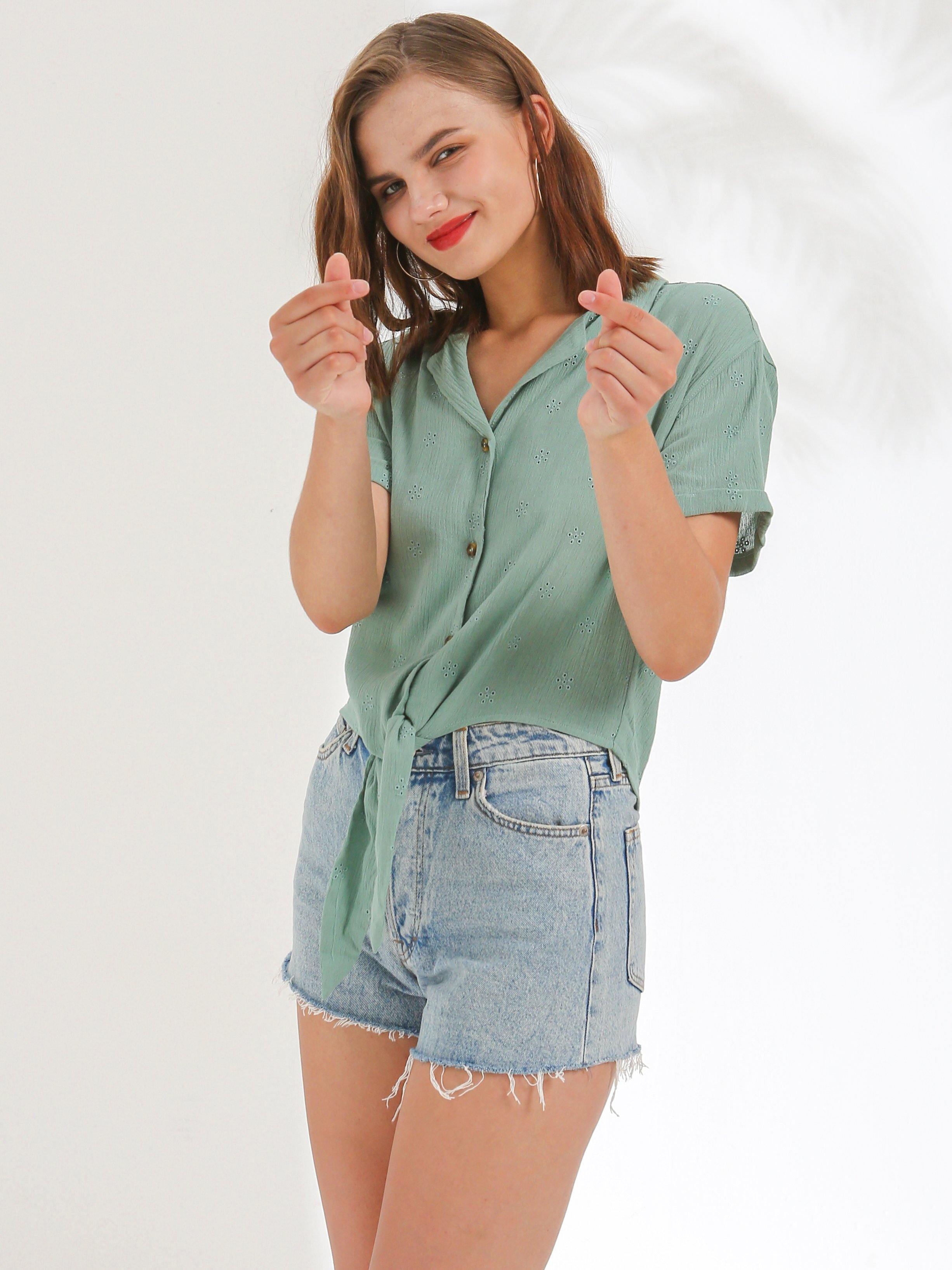 Tie Front Button Down Cropped Shirt - Shopmossrose