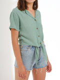 Tie Front Button Down Cropped Shirt - Shopmossrose