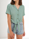 Tie Front Button Down Cropped Shirt - Shopmossrose