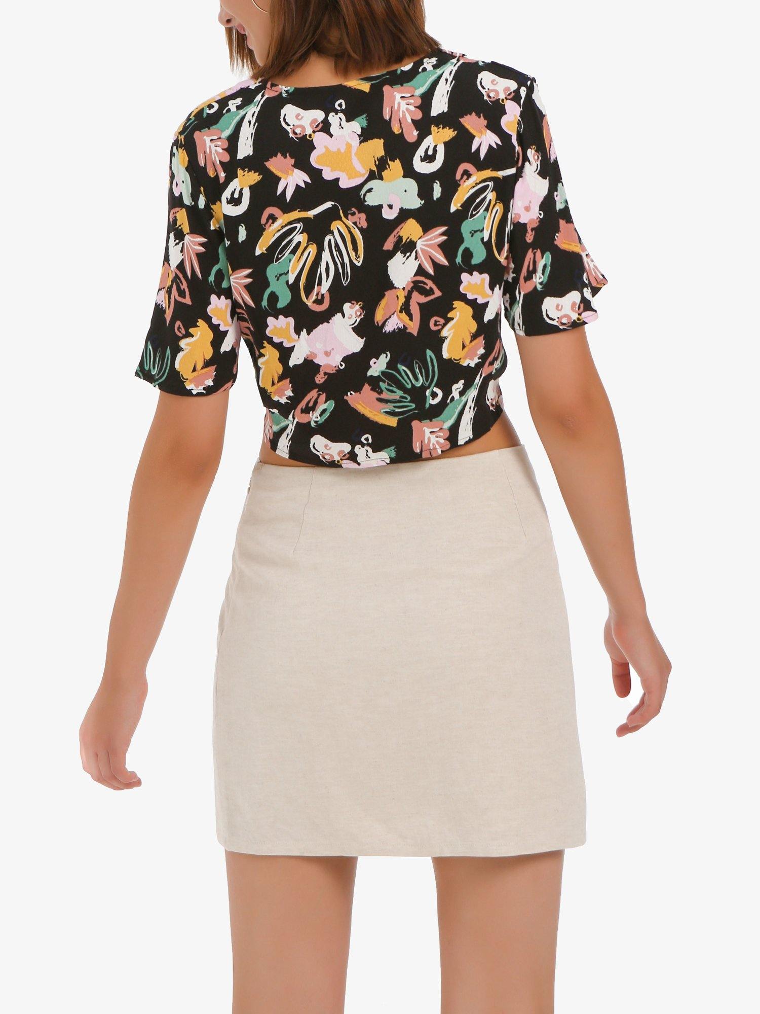 Graffiti Print Tie Front Button Down Cropped Top - Shopmossrose