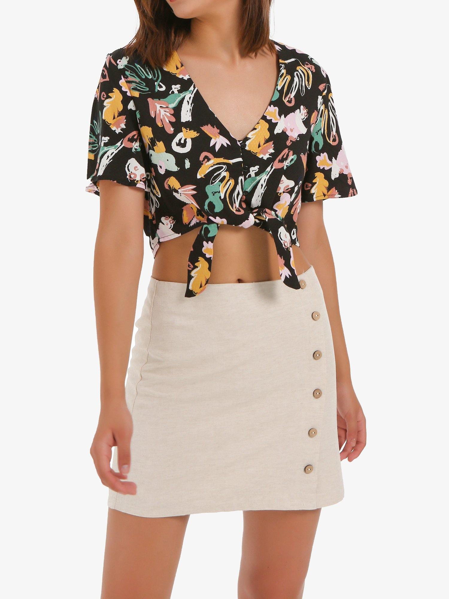Graffiti Print Tie Front Button Down Cropped Top - Shopmossrose