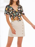 Graffiti Print Tie Front Button Down Cropped Top - Shopmossrose