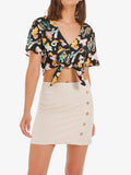 Graffiti Print Tie Front Button Down Cropped Top - Shopmossrose