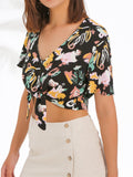 Graffiti Print Tie Front Button Down Cropped Top - Shopmossrose