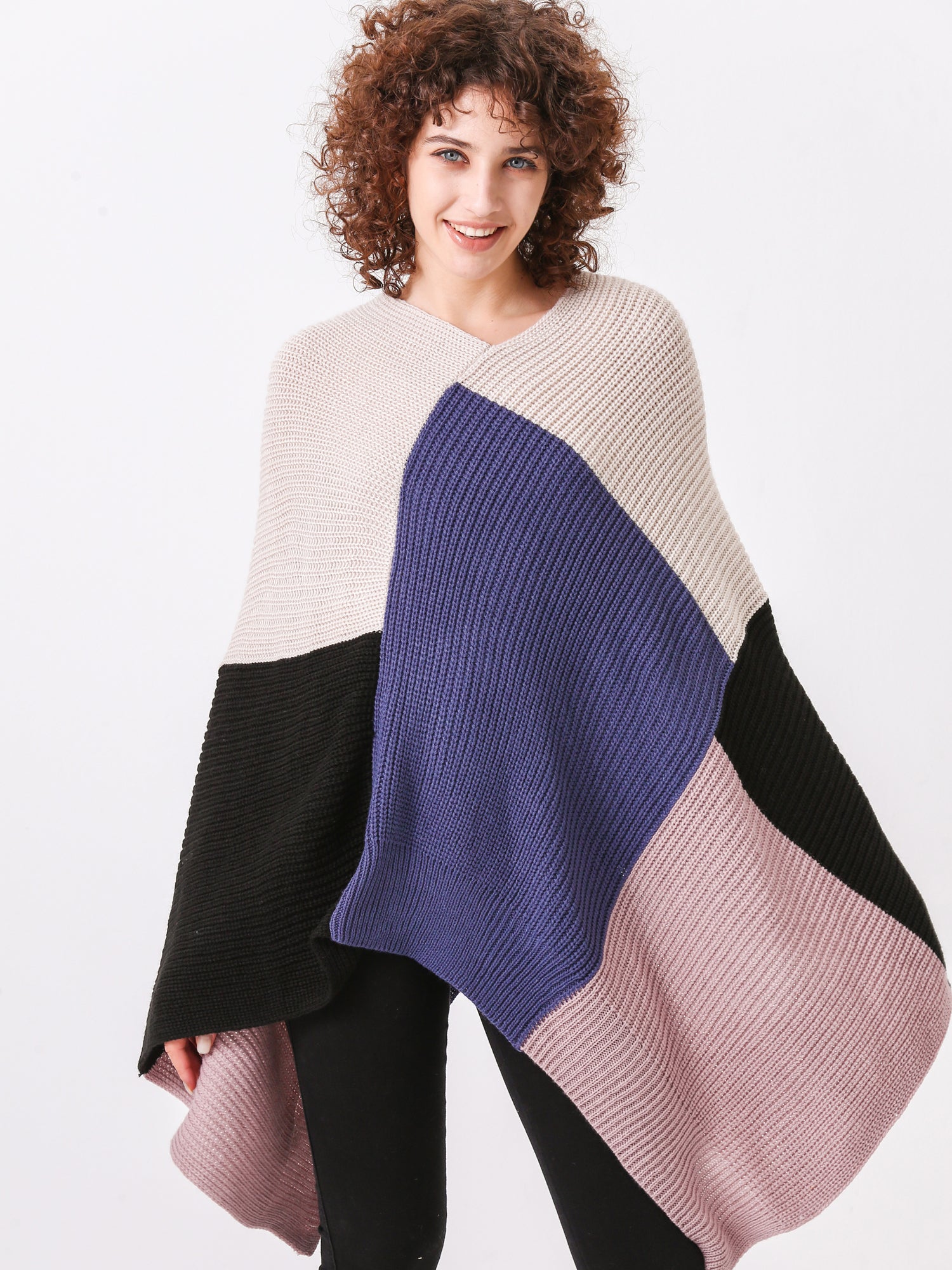 Color Block Knit Poncho