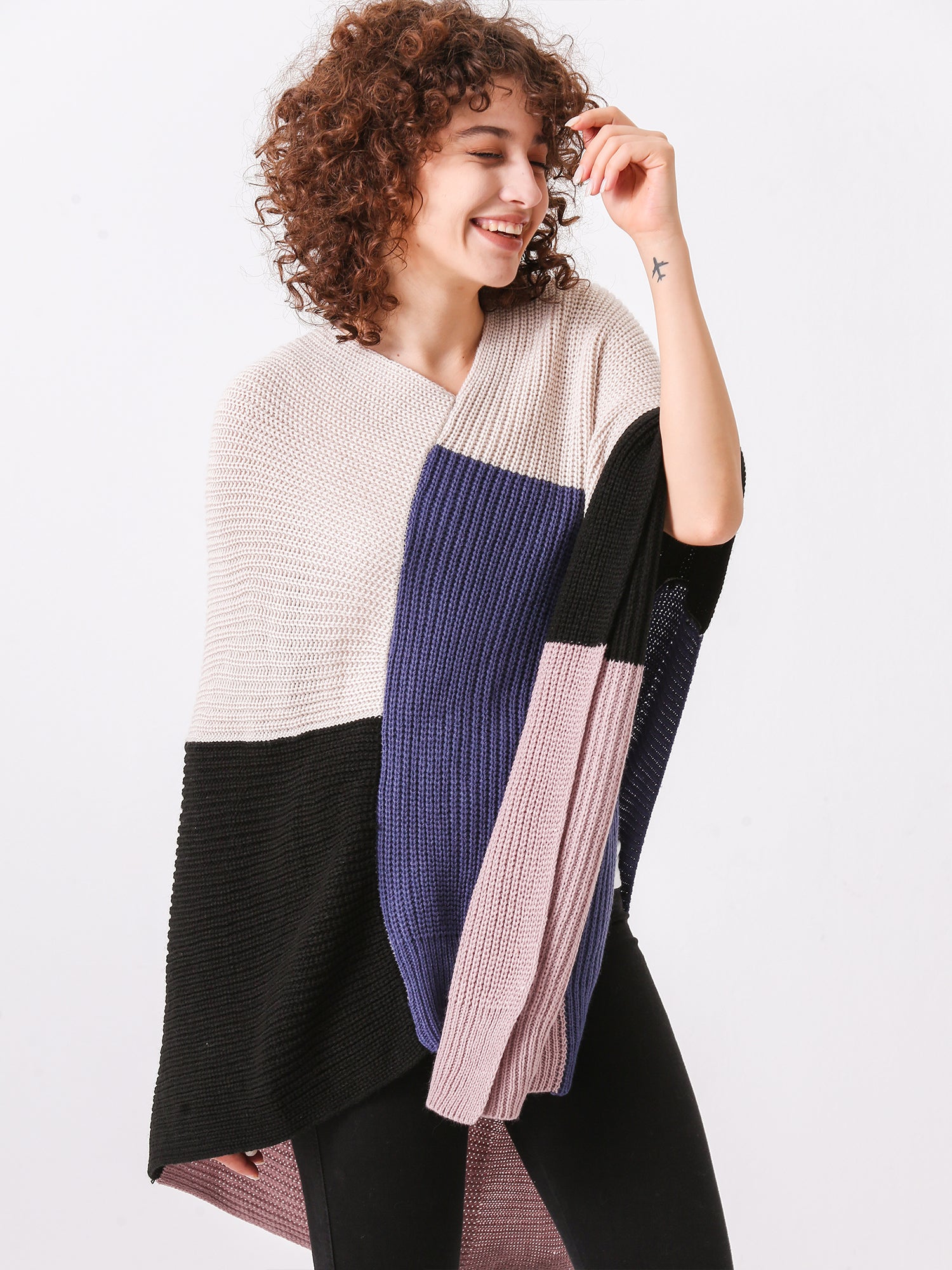 Color Block Knit Poncho