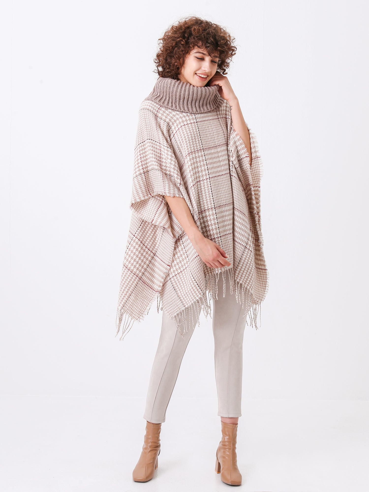Neutral Plaid Fringe Turtleneck Poncho