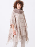 Neutral Plaid Fringe Turtleneck Poncho