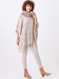 Neutral Plaid Fringe Turtleneck Poncho