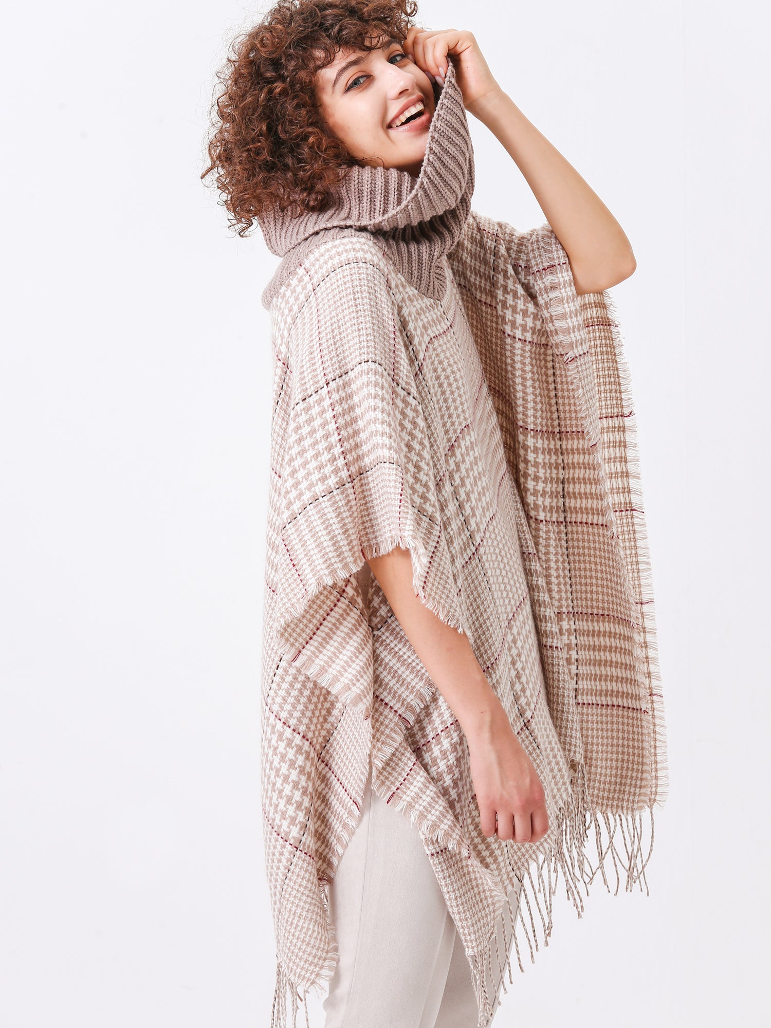 Neutral Plaid Fringe Turtleneck Poncho