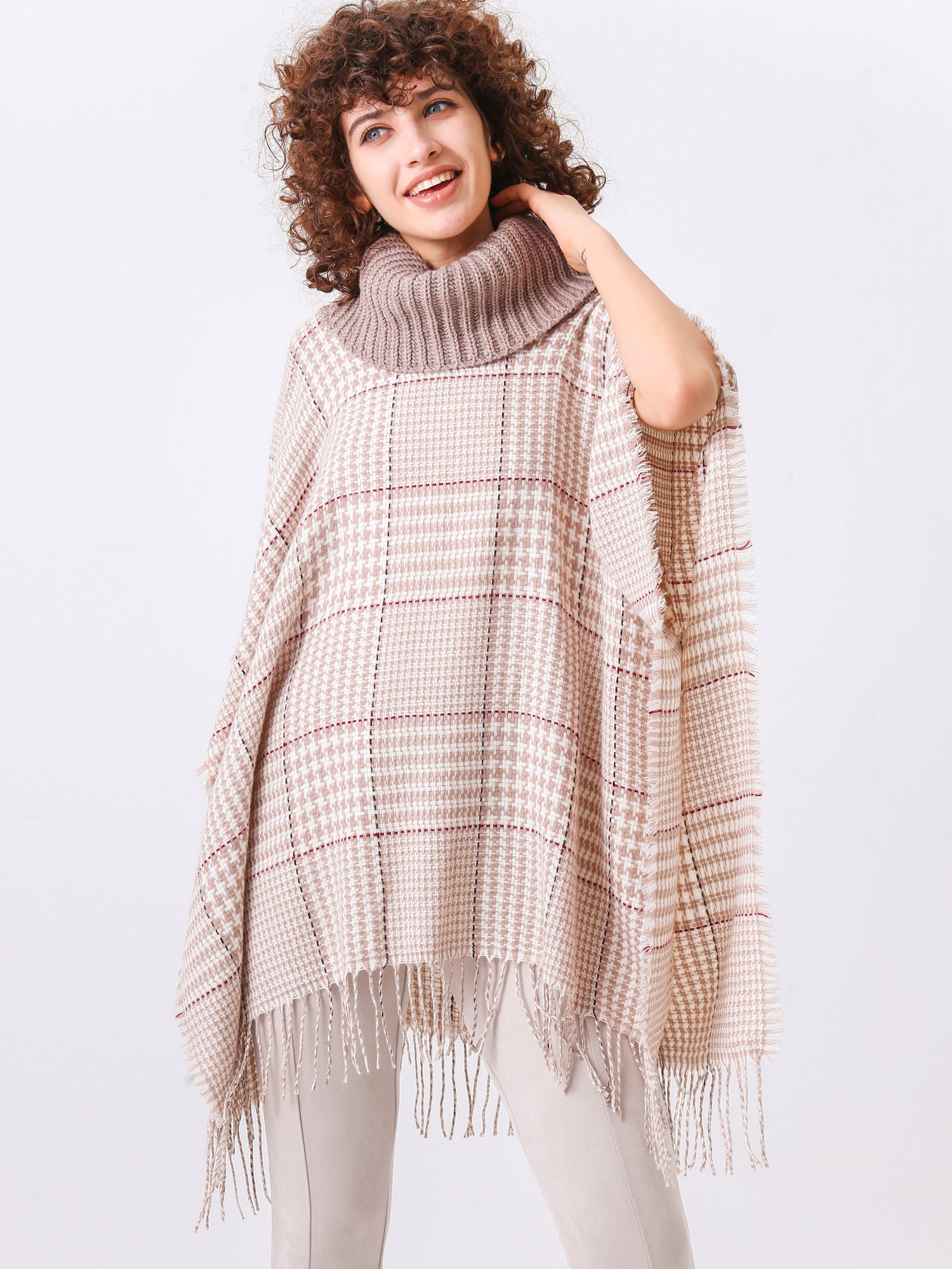 Neutral Plaid Fringe Turtleneck Poncho
