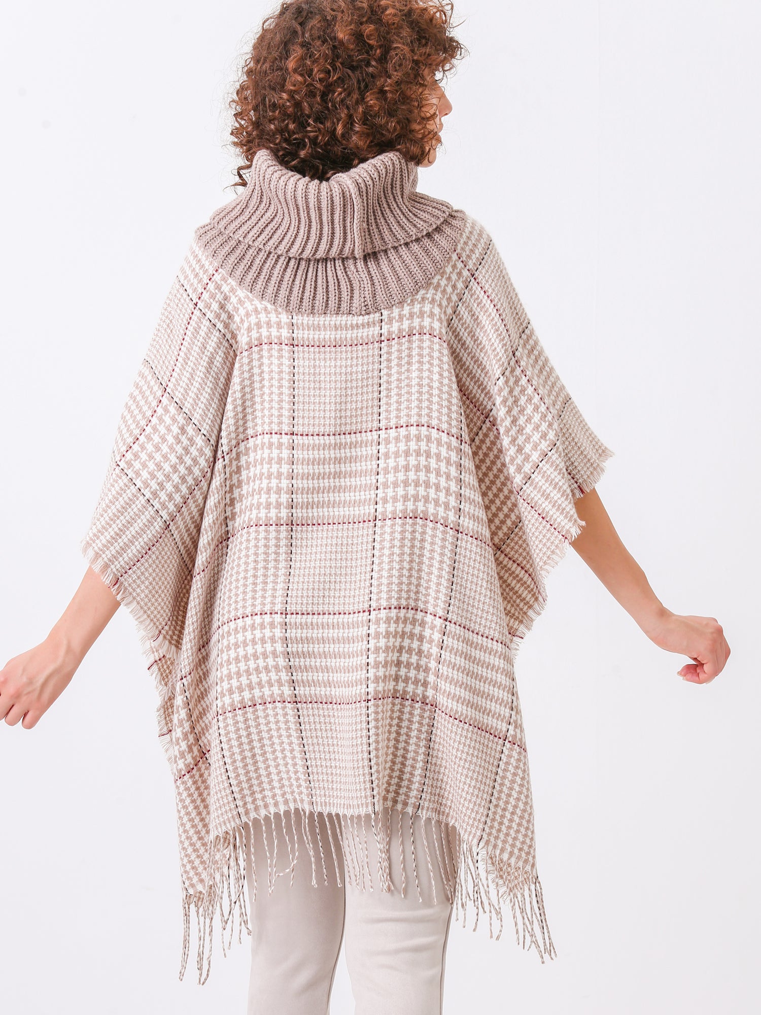 Neutral Plaid Fringe Turtleneck Poncho