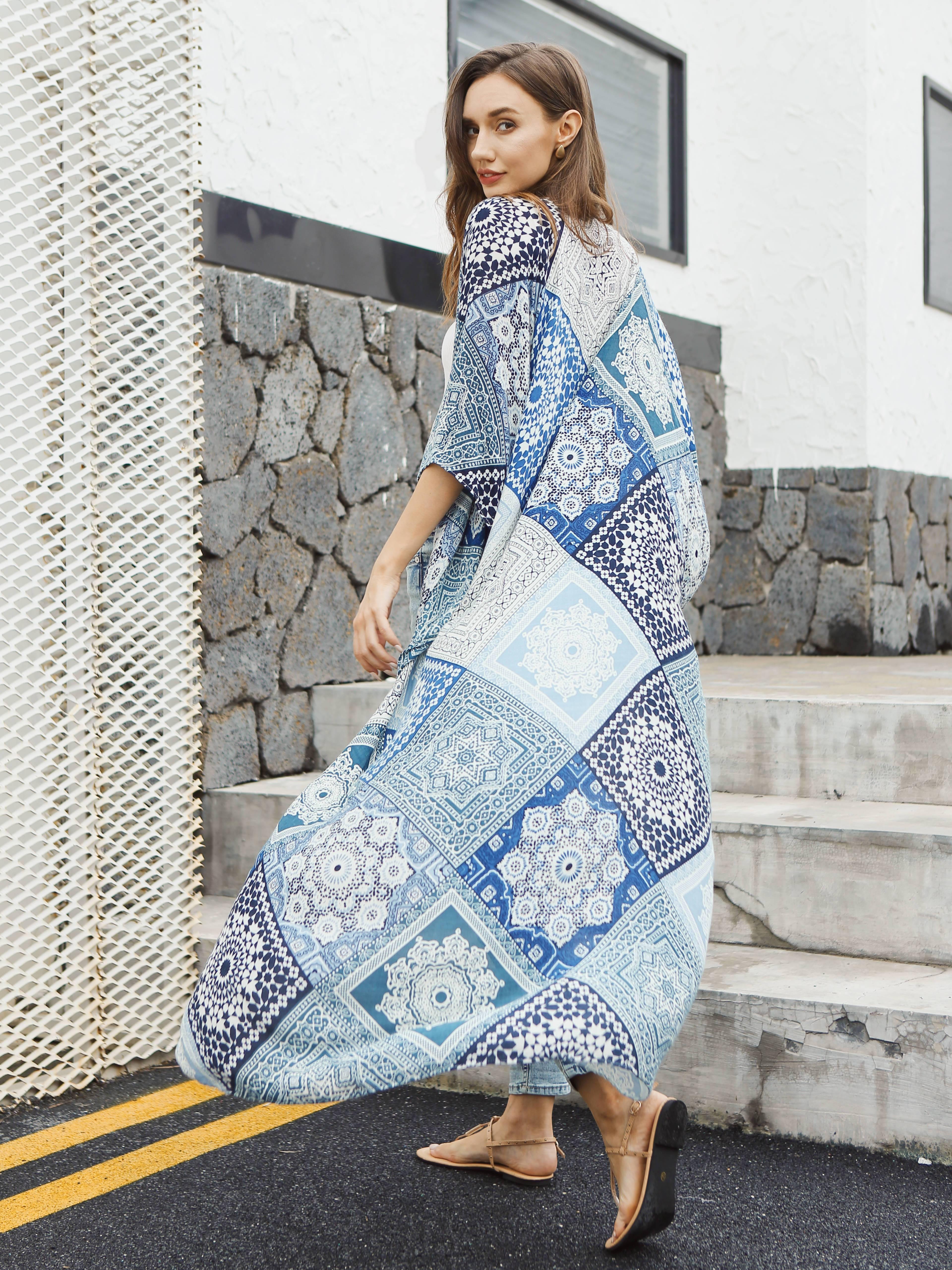 Moss Rose Blue Bohemian Maxi Kimono