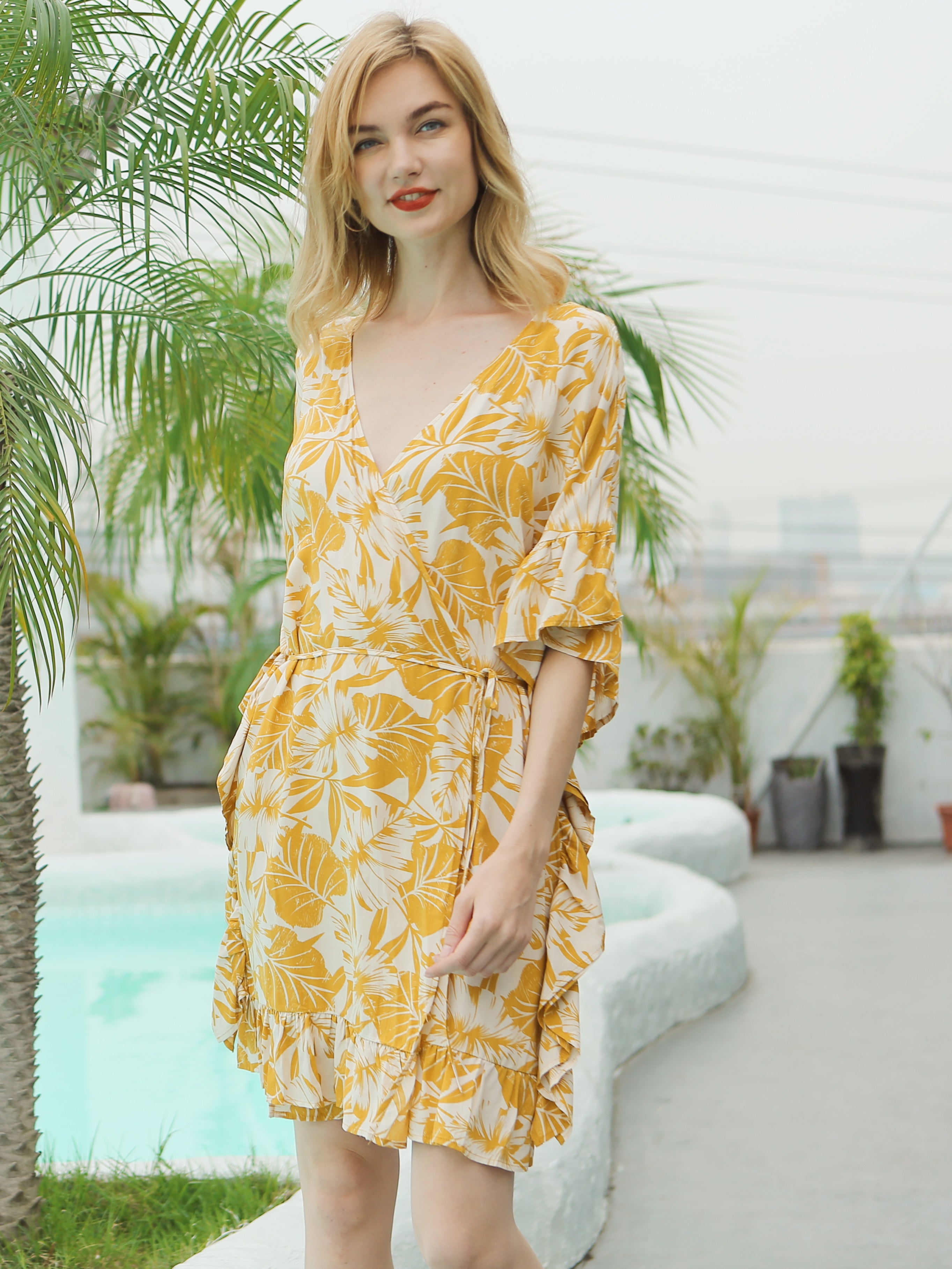 Moss Rose Tropicalia Floral Belted Kaftan