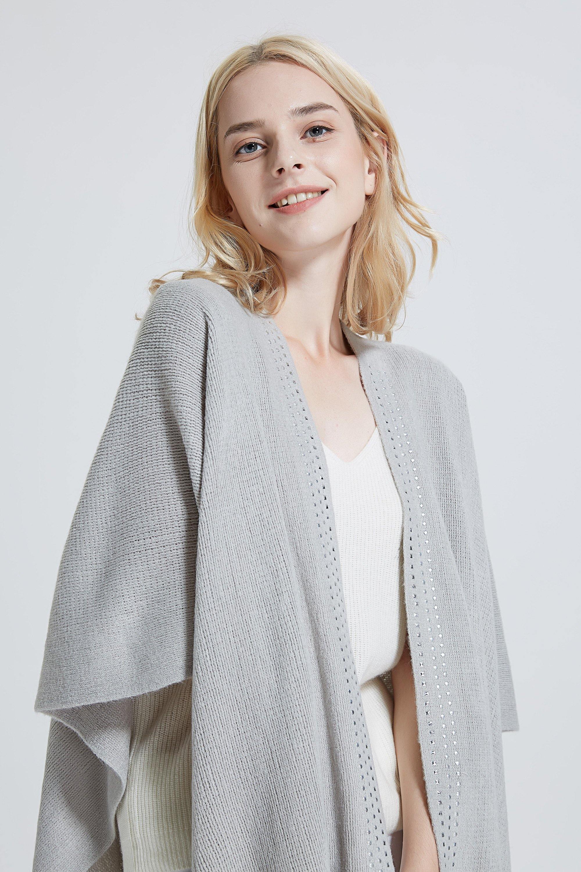 Studded Detail Fringe Knit Wrap - Shopmossrose