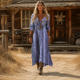 Women's Boho Floral Print Maxi Dress, V Neck 3/4 Sleeve Loose Casual Long Dress with Pockets