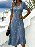 Women Bohemian V-Neck Short-Sleeved Midi Dress Spring Romantic Blue Background Golden Branch Print Beach Holiday Style