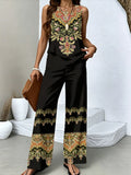 Women Two Piece Sets Boho Floral Dressy Casual Going Out Outfit Sleeveless Tiered Tank Top Wide Leg Pant Trendy Suit
