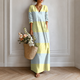 Women's Boho Floral Print Maxi Dress, V Neck 3/4 Sleeve Loose Casual Long Dress with Pockets